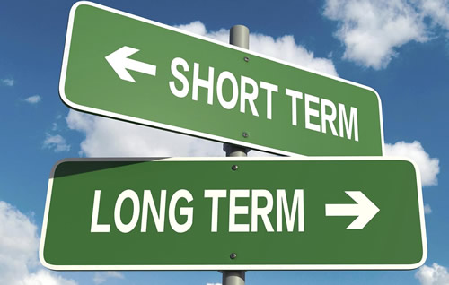 image of road sign with top sign point to the left for short term and bottom sign pointing right for long term